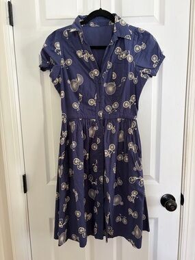 Porridge Anthropologie Navy Bicycle Print Shirt Dress “two-wheeler” 4/6